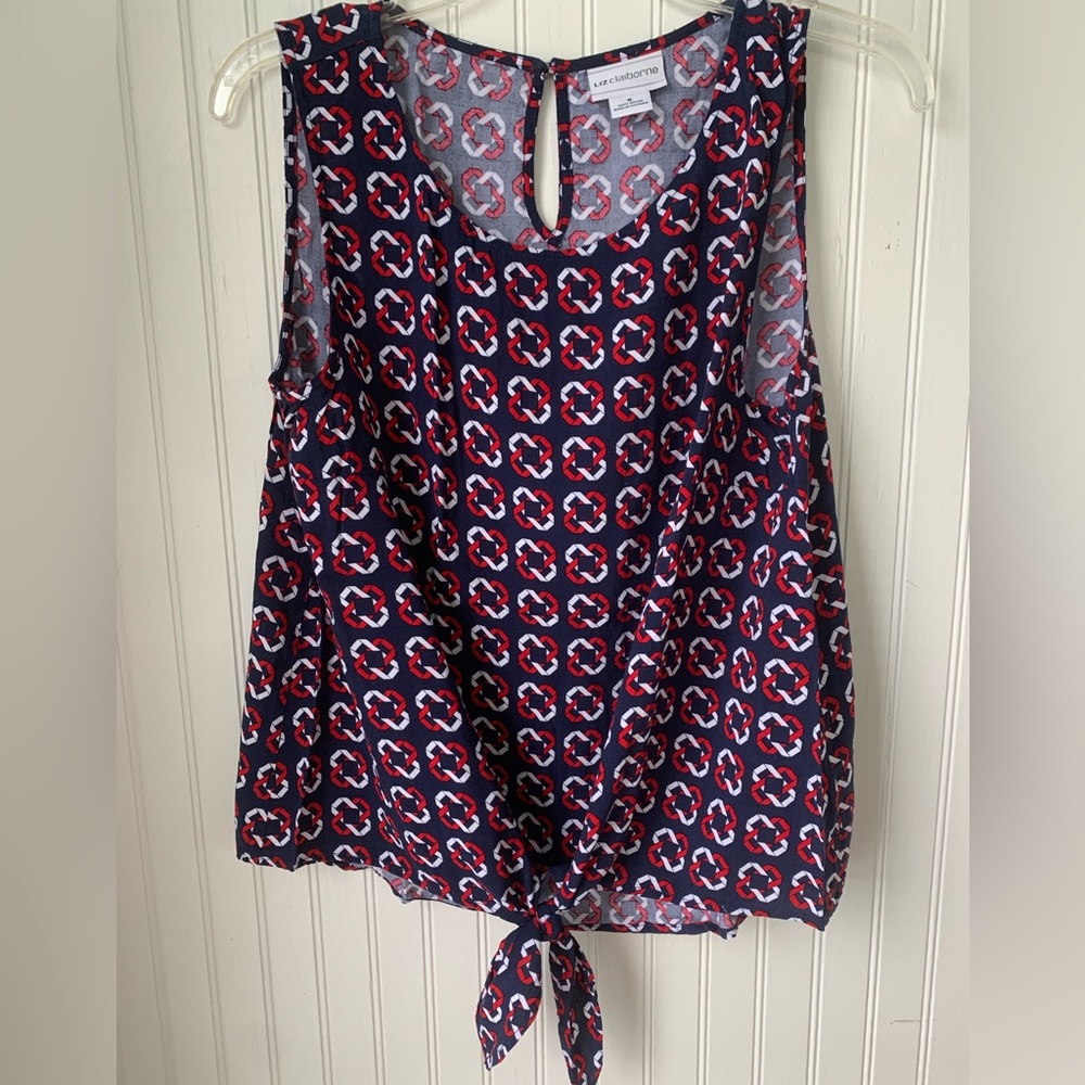 Liz Claiborne (M) Blue, Red & White Sleeveless w/decorative tie at front bottom